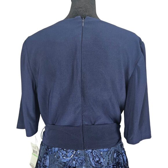 Alex Evenings Navy Tea-Length Soutache Sequined Dress Tie Belt Size 8 Party - Picture 6 of 11